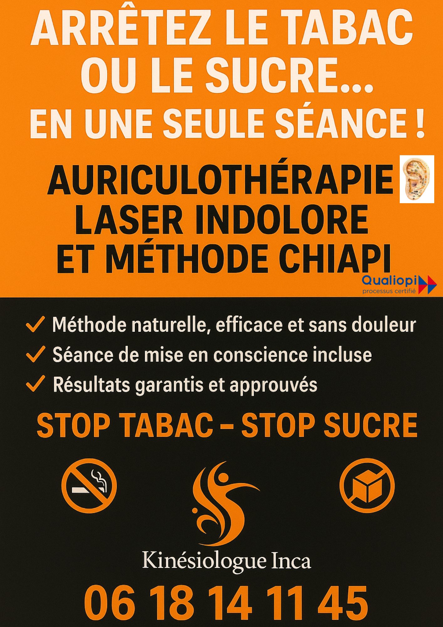 Affiche sevrage tabac et sucre — auriculothérapie, laser indolore, méthode Chiapi